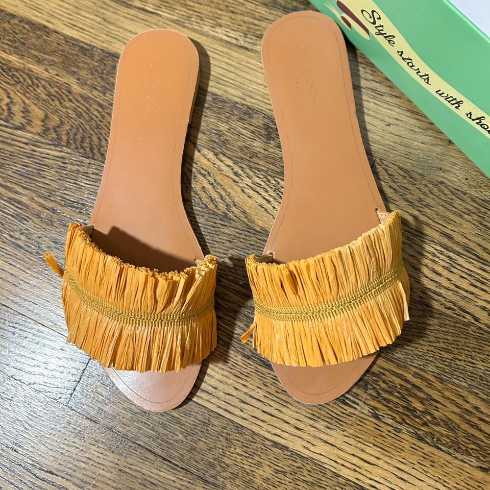 Fringed Tan Slide Sandals